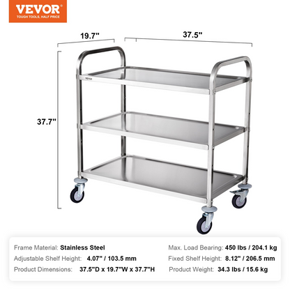 VEVOR Kitchen Utility Cart, 3 Tiers, Wire Rolling Cart w/ 450LBS Capacity, Steel Service Cart on Wheels, Metal Storage Trolley w/ 80mm Basket Curved Handle PP Liner 6 Hooks, for Indoor and Outdoor Use