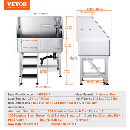 VEVOR 38" Pet Dog Bathing Station w/Ramp, Professional Stainless Steel Dog Grooming Tub w/ Storage Drawer, Floor Grate, Faucet, Dog Bathtub for Large,Medium,Small Pets, Washing Sink for Home(Left)