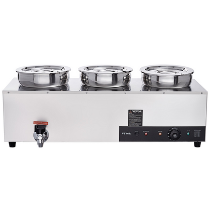 VEVOR Electric Soup Warmer, Three 7.4QT Stainless Steel Round Pot 86~185°F Adjustable Temp, 1200W Commercial Bain Marie with Anti-dry Burn and Reset Button, Soup Station for Restaurant, Buffet, Silver