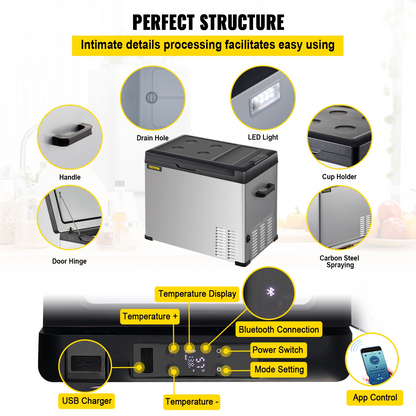 VEVOR 12 Volt Refrigerator, Portable Refrigerator (-4℉~68℉) With APP Control Car Compressor Fridge Cooler 12V/24V DC and 110-220V AC For Camping, Road Trip, Boat, Skincare, Outdoor and Home (32 Quart)