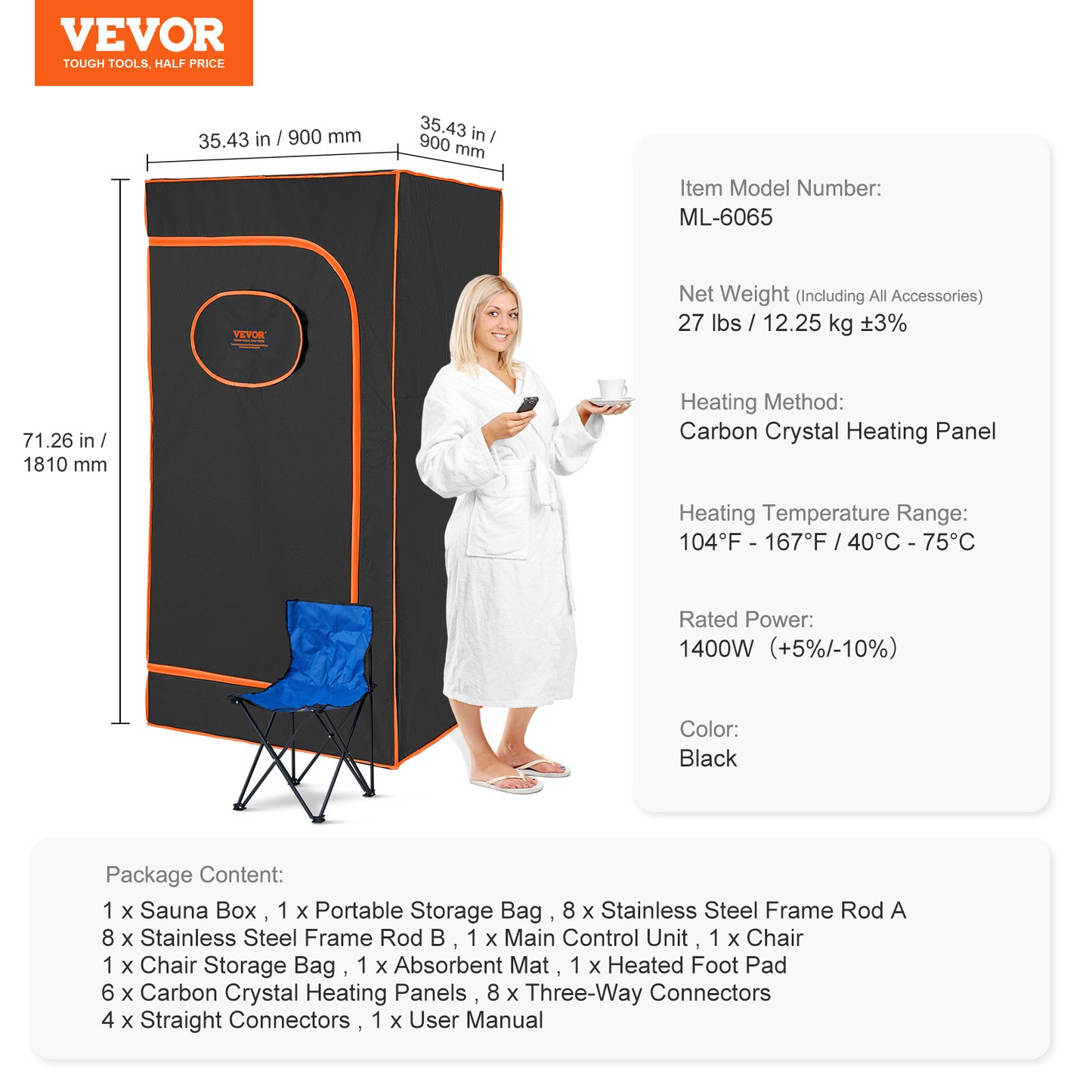 VEVOR Sauna Tent Portable Full Size, 1400W Personal Sauna Kit for Home Spa, Detoxify & Soothing Infrared Heated Body Therapy, Time & Temperature Remote Control With Chair & Floor Mat