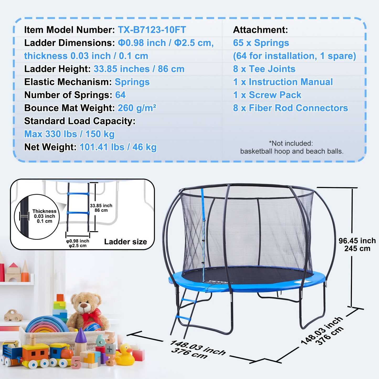 VEVOR 10FT Trampoline, 330 lbs Trampoline with Enclosure Net, Ladder, and Curved Pole, Heavy Duty Trampoline with Jumping Mat and Spring Cover Padding, Outdoor Recreational Trampolines for Kids Adults