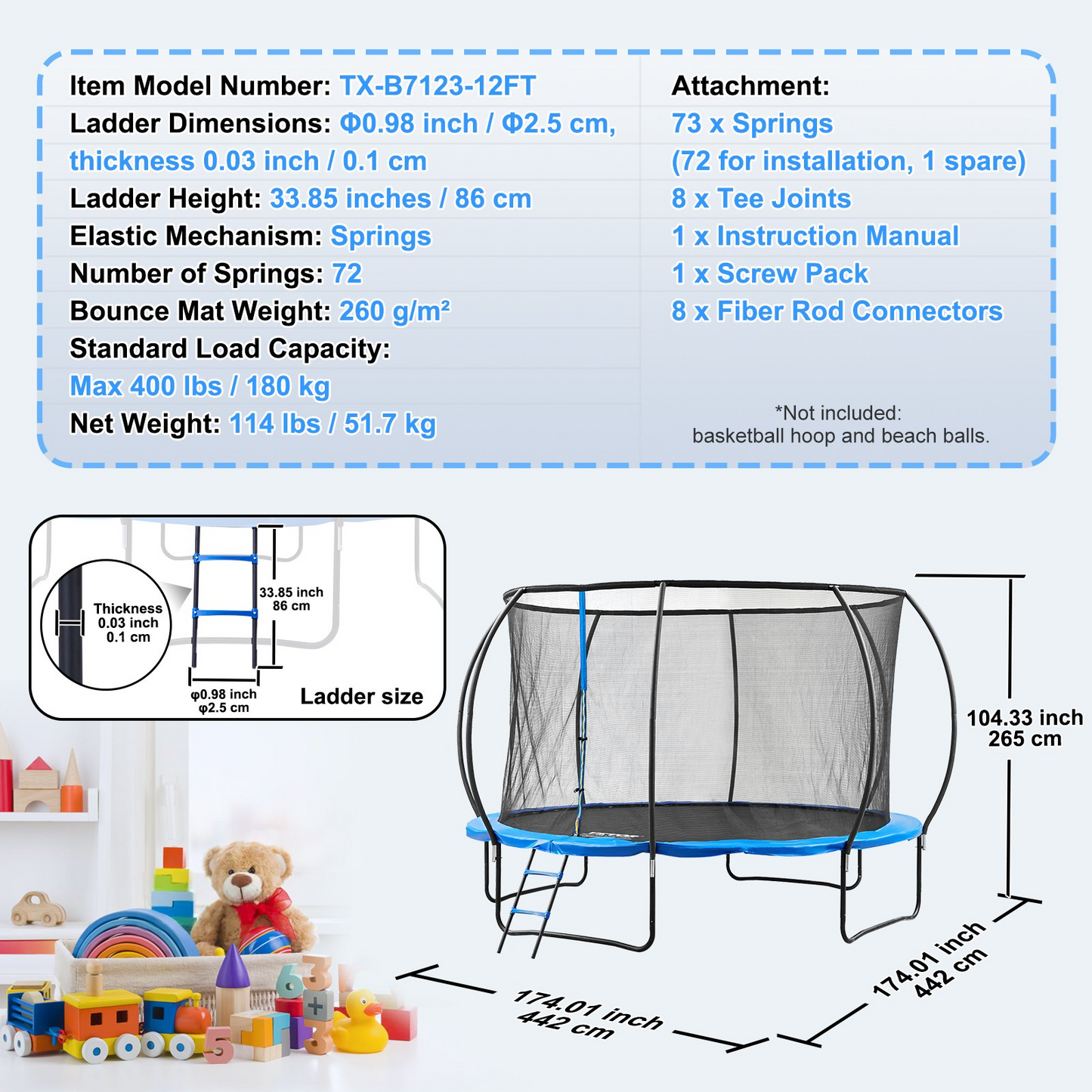 VEVOR 12FT Trampoline, 400 lbs Trampoline with Enclosure Net, Ladder, and Curved Pole, Heavy Duty Trampoline with Jumping Mat and Spring Cover Padding, Outdoor Recreational Trampolines for Kids Adults