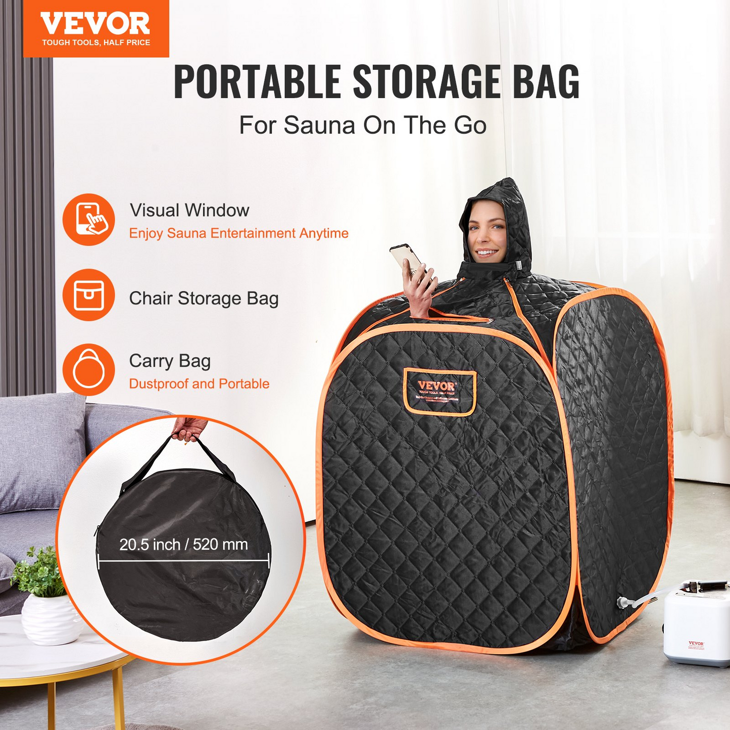 VEVOR Portable Steam Sauna Tent with Chair, 2L 1000W Steam Generator, Black