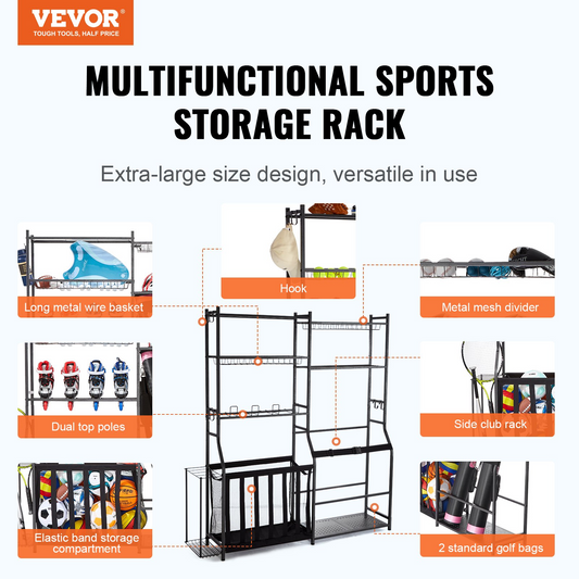 VEVOR Golf Storage Garage Organizer, 2 Golf Bag Storage Stand Holder and Other Sports Equipment Storage Rack, Outdoor Steel Ball Cart, Sports Gear and Toys Storage Shelves with Baskets & Hooks, Black