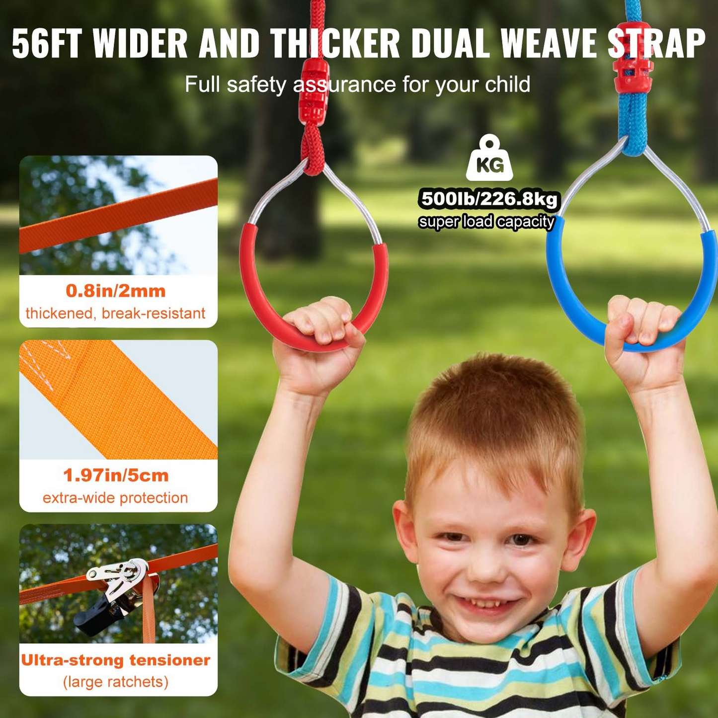 VEVOR Ninja Warrior Obstacle Course for Kids - 2x56ft Weatherproof Slacklines, 500lbs Monkey Line, 12 Obstacles Outdoor Playset