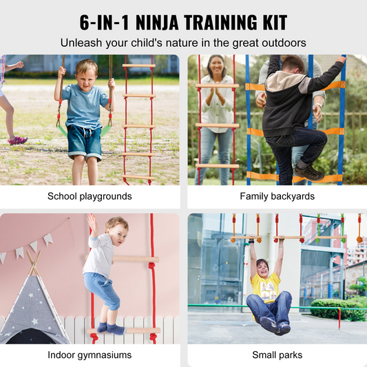 VEVOR Ninja Warrior Obstacle Course for Kids, 50 ft Weatherproof Slacklines, 500lbs Weight Capacity Monkey Line, Outdoor Playset Equipment, Backyard Toys Training Equipment Set with 10 Obstacles