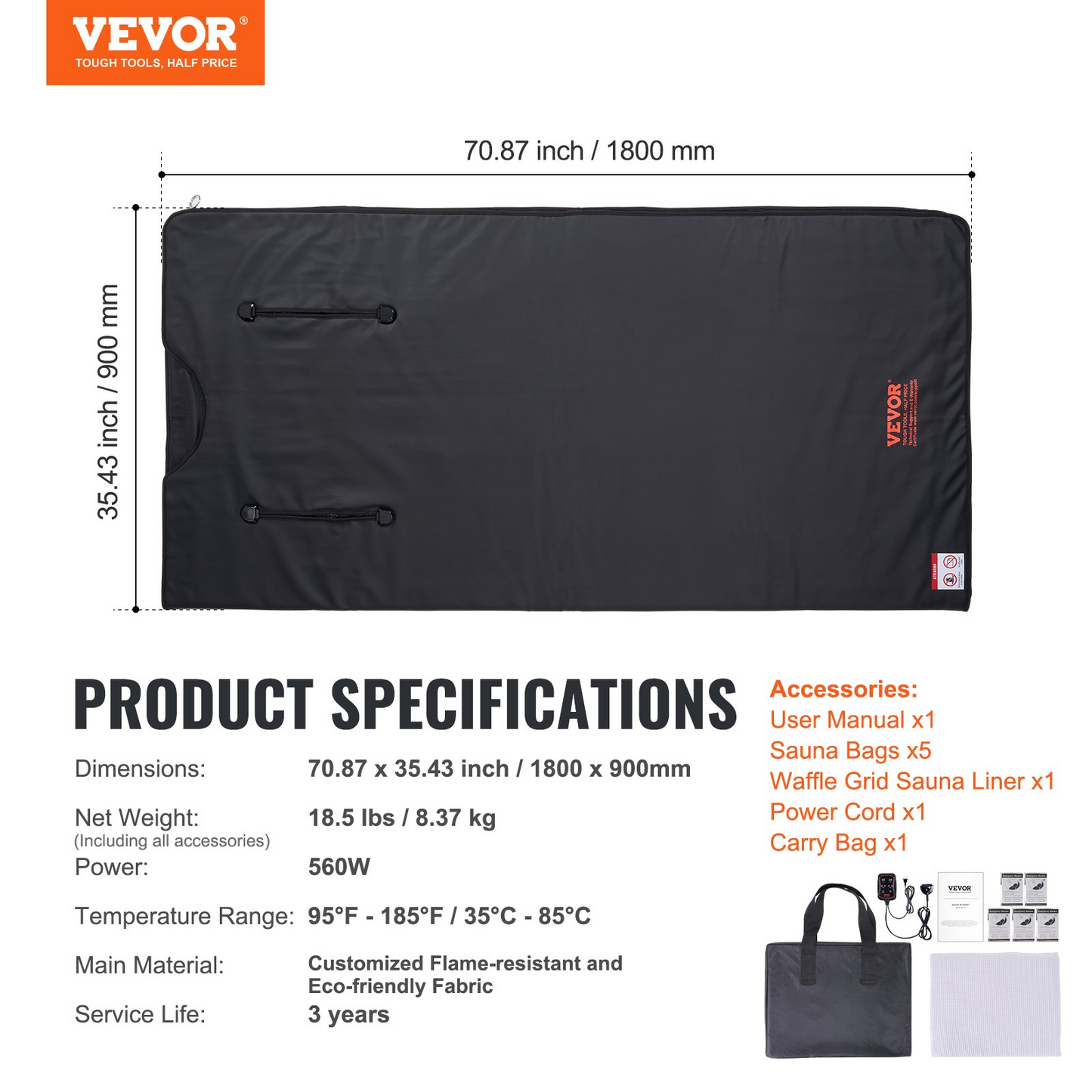 VEVOR Sauna Blanket for Detoxification, Portable Far Infrared Sauna for Home with Arm Holes for Comfort, 1-6 Level Adjustable Temprature Rannge 95-185℉, 1-60 Minutes Timer, Carbon Fiber Heating