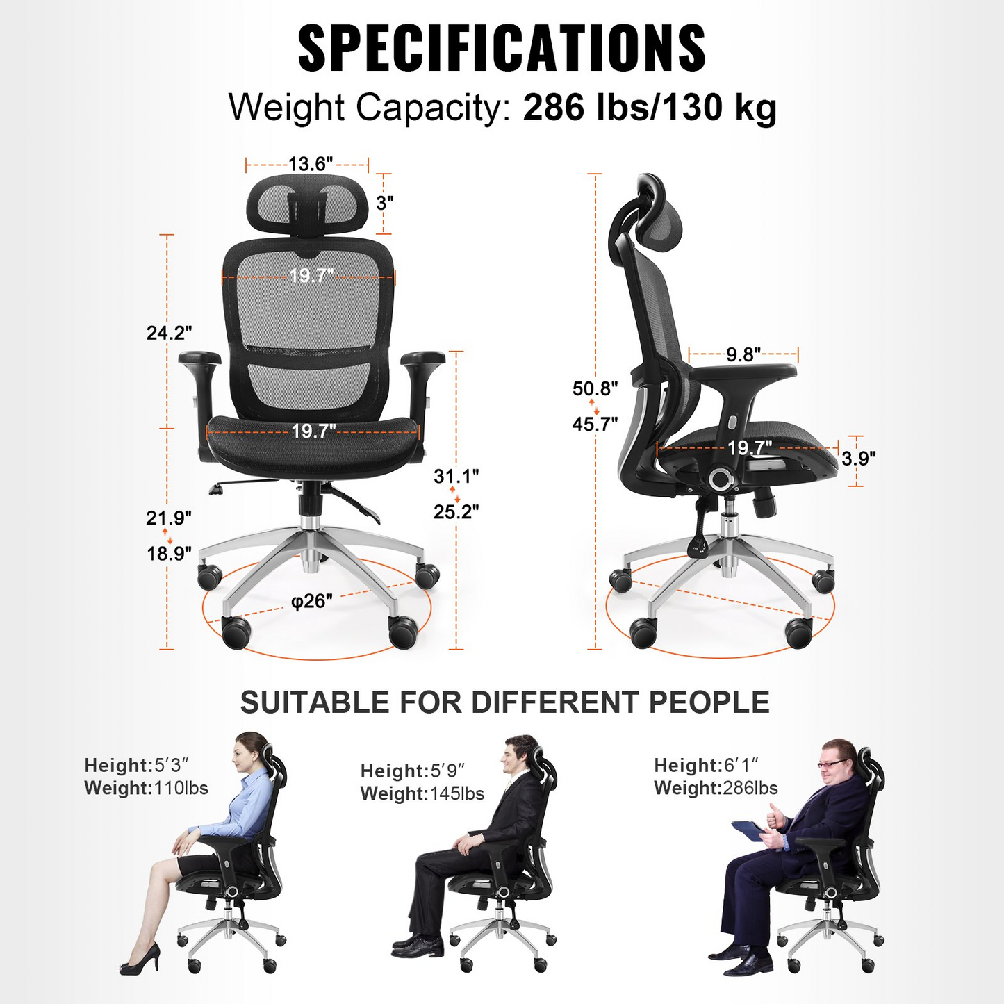 VEVOR Ergonomic Office Chair, Adjustable Height, Mesh Seat, Lumbar Support