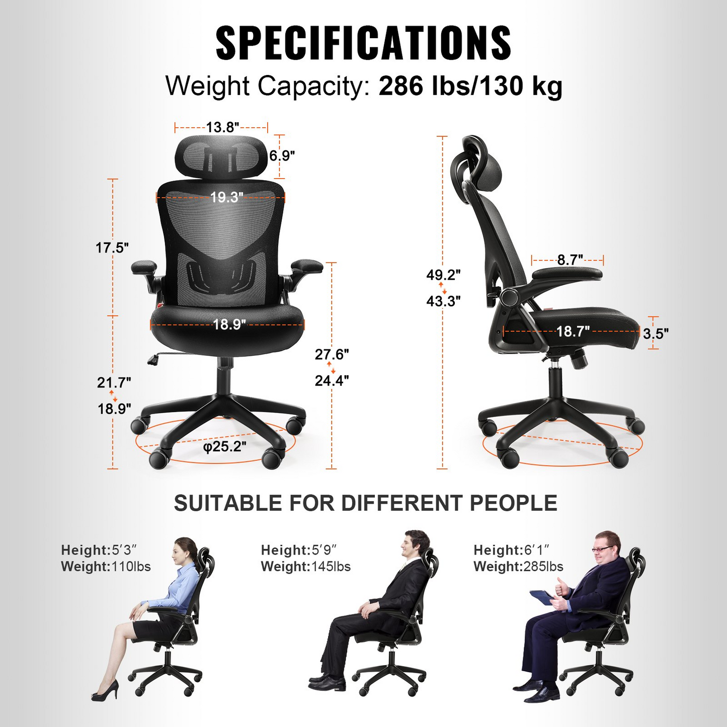 VEVOR Office Chair with Adjustable Lumbar Support, High Back Ergonomic Desk Chair with Adjustable Headrest, Ergonomic Office Chair Backrest with 2D Armrest, Computer Chair for Home, Office