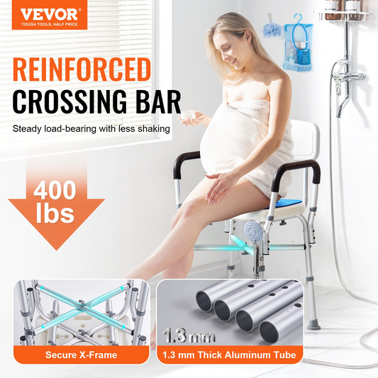 VEVOR Shower Chair Seat with Padded Arms and Back | Adjustable Height Bench Bath Chair for Elderly Disabled, 400 lbs