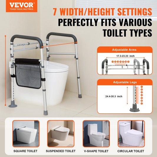 VEVOR Folding Toilet Safety Rail, Adjustable Width & Height, 300 lbs Capacity