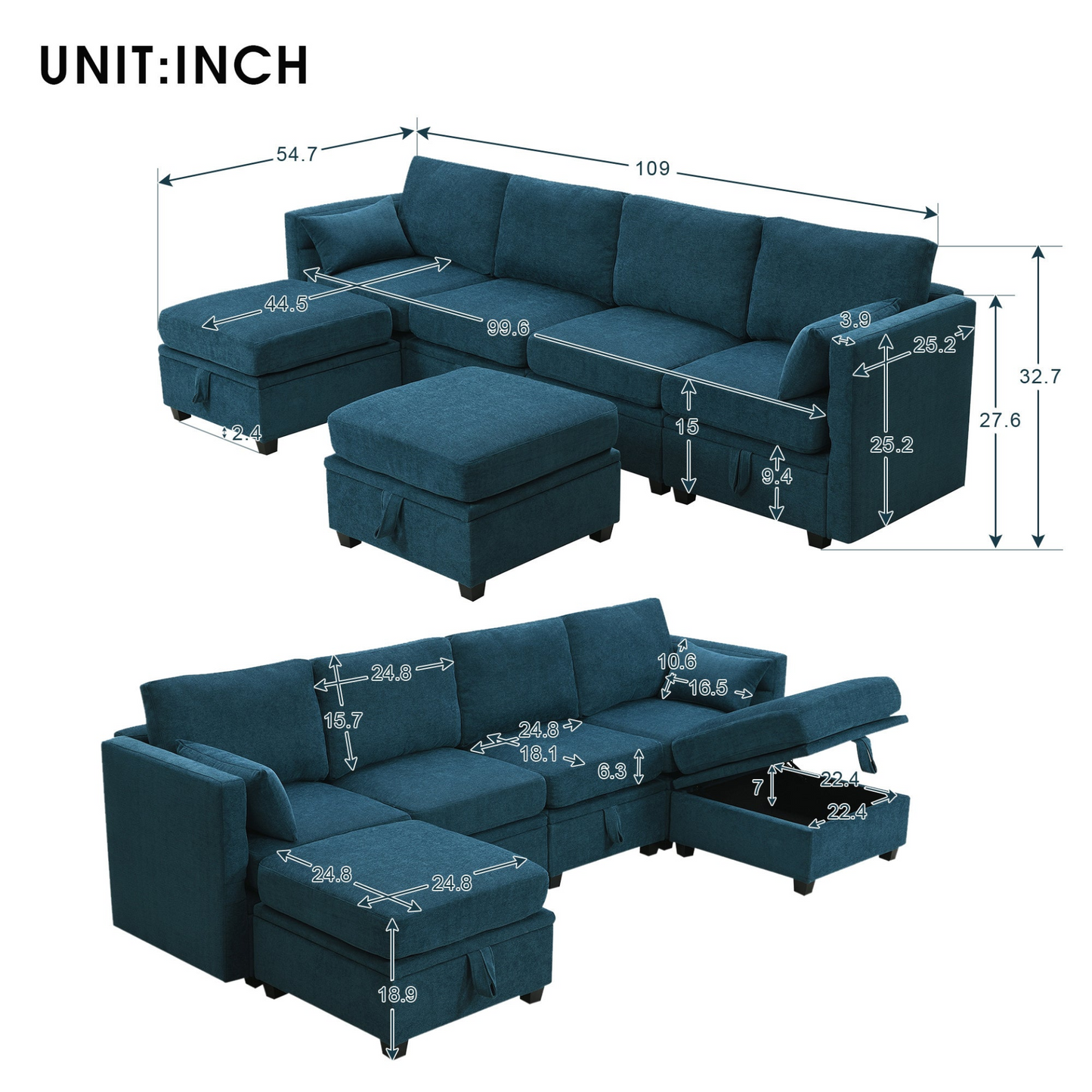 Upgrade Your Living Space with the 109x54.7" Chenille Modular Sectional Sofa - U Shaped Couch | Adjustable Armrests | 6 Seat Reversible Sofa Bed with Storage Seats