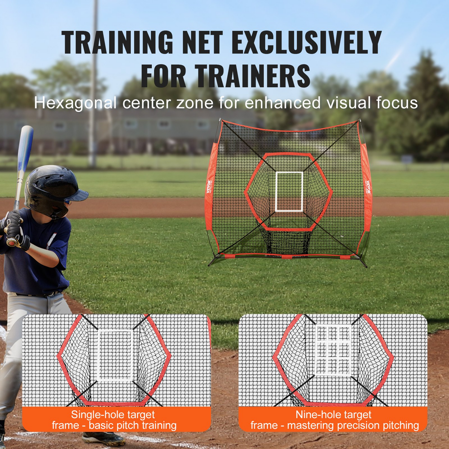 VEVOR 7x7 ft Baseball Softball Practice Net, Portable Baseball Training Net for Hitting Batting Catching Pitching, Backstop Baseball Equipment Training Aids with Bow Frame, Carry Bag, and Strike Zone