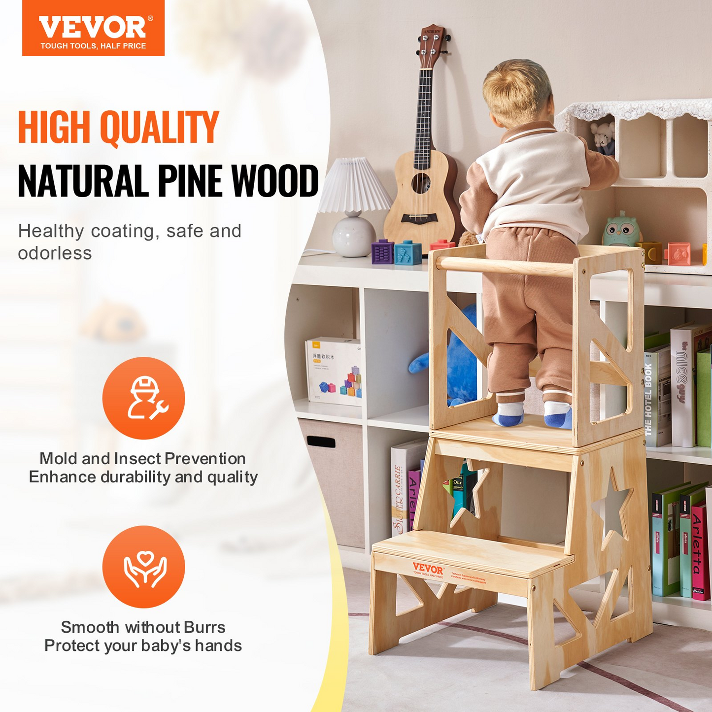 VEVOR Toddler Step Stool, Natural Pine Wood Kids Kitchen Stool Helper with Safety Rail, Standing Tower Learning Stool for Bedroom Bathroom Kitchen Counter, 150LBS Loading Capacity