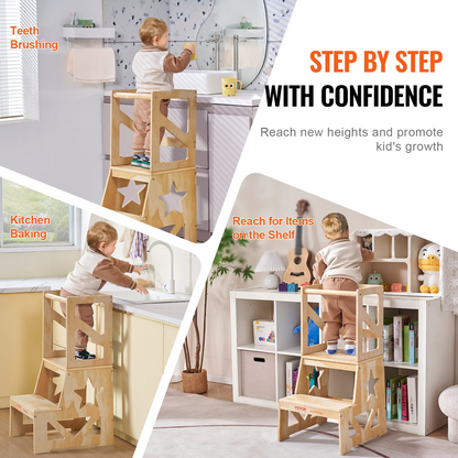 VEVOR Toddler Step Stool, Natural Pine Wood Kids Kitchen Stool Helper with Safety Rail, Standing Tower Learning Stool for Bedroom Bathroom Kitchen Counter, 150LBS Loading Capacity