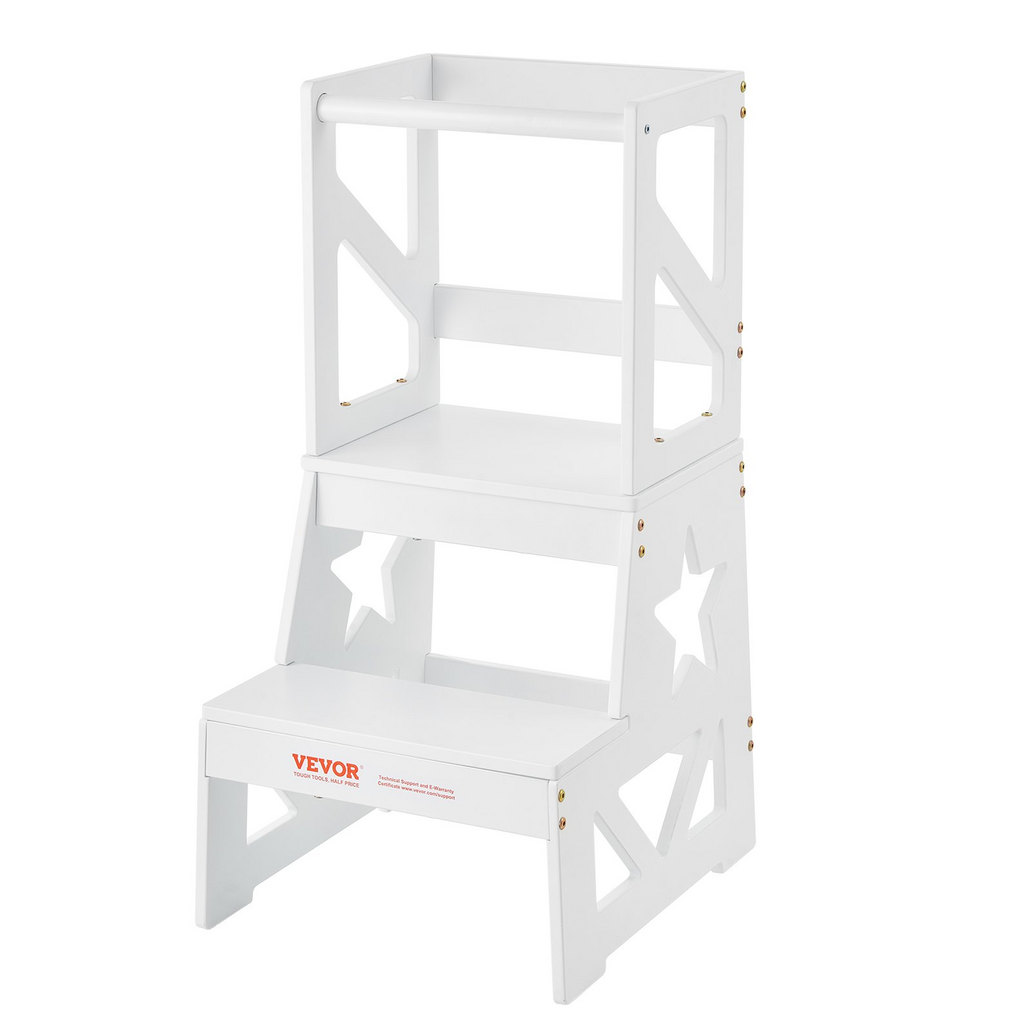 VEVOR Toddler Step Stool, Natural Pine Wood Kids Kitchen Stool Helper with Safety Rail, Standing Tower Learning Stool for Bedroom Bathroom Kitchen Counter, 150LBS Loading Capacity, White