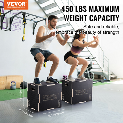 VEVOR 3 in 1 Plyometric Jump Box, 20/18/16 Inch Wooden Plyo Box, Platform & Jumping Agility Box, Anti-Slip Fitness Exercise Step Up Box for Home Gym Training, Conditioning Strength Training, Black