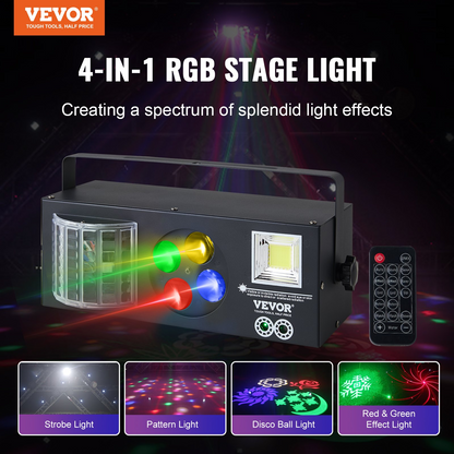 VEVOR Stage Lights, 4 in 1 RGB Party Lights, LED Pattern Strobe Light, Mixed Lighting Effects Sound Activated with Red & Green Effect Light for DJ Club Disco Party Wedding Birthday Christmas (Black)