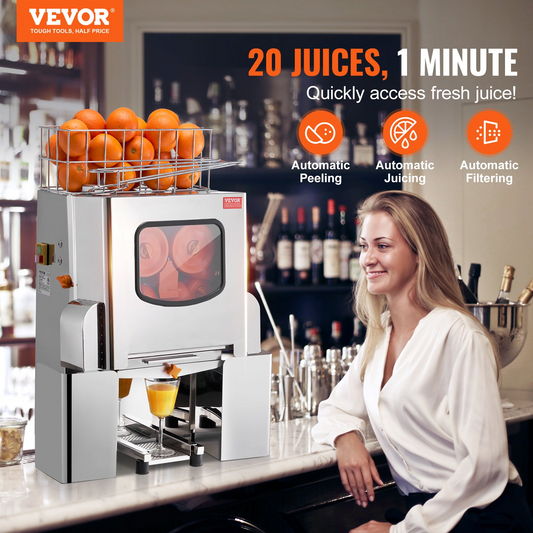 VEVOR Commercial Orange Juicer Machine, 120W Automatic Juice Extractor, Stainless Steel Orange Squeezer 20 Oranges/Minute, with Pull-Out Filter Box, Stainless Steel Cover, 2 Peel Collecting Buckets