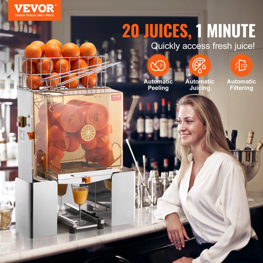 VEVOR Commercial Orange Juicer Machine, 120W Automatic Juice Extractor, Stainless Steel Orange Squeezer for 20 Oranges Per Minute, with Pull-Out Filter Box, PC Cover, 2 Peel Collecting Buckets