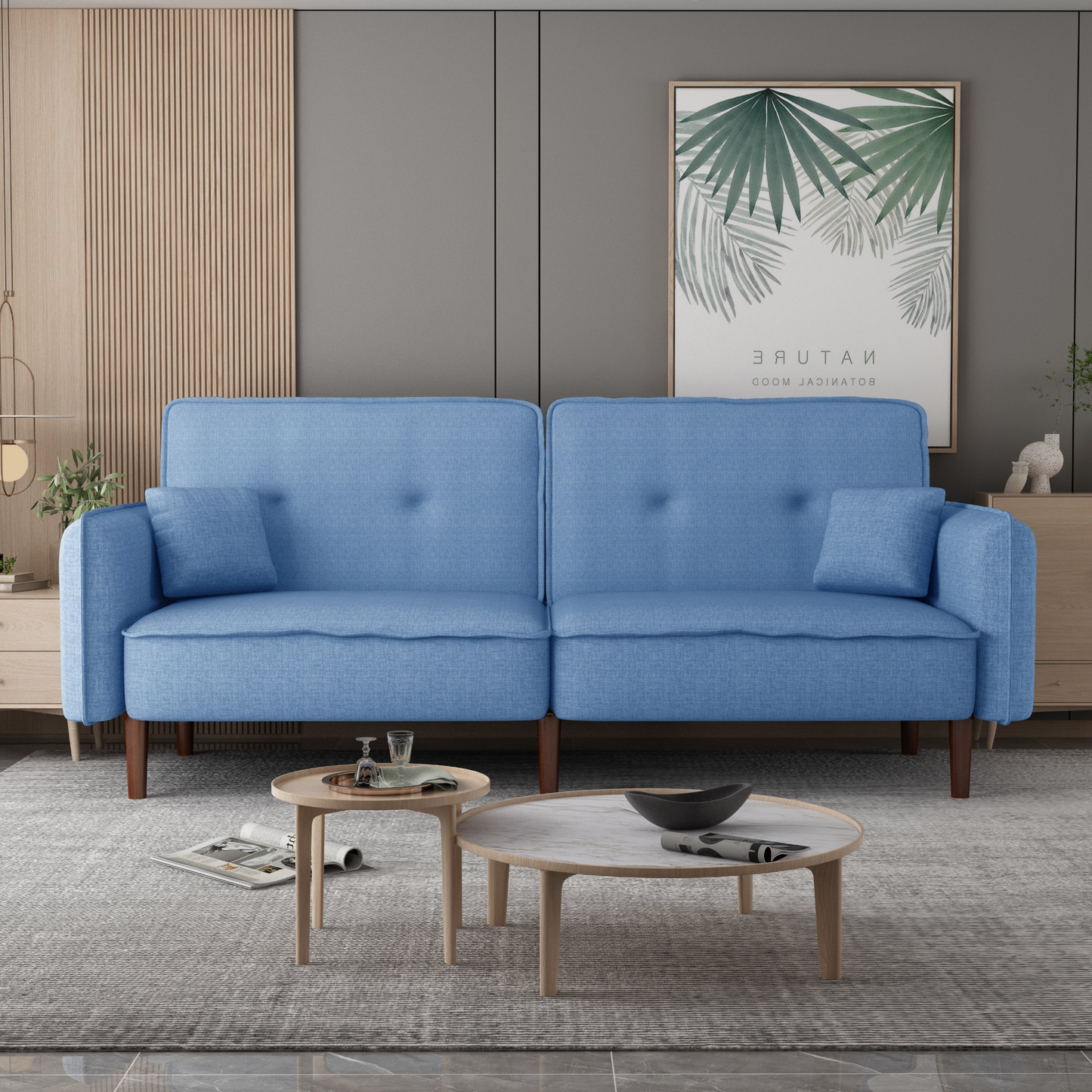 Living Room Bedroom Leisure Futon Sofa Bed in Blue Fabric with Solid Wood Leg