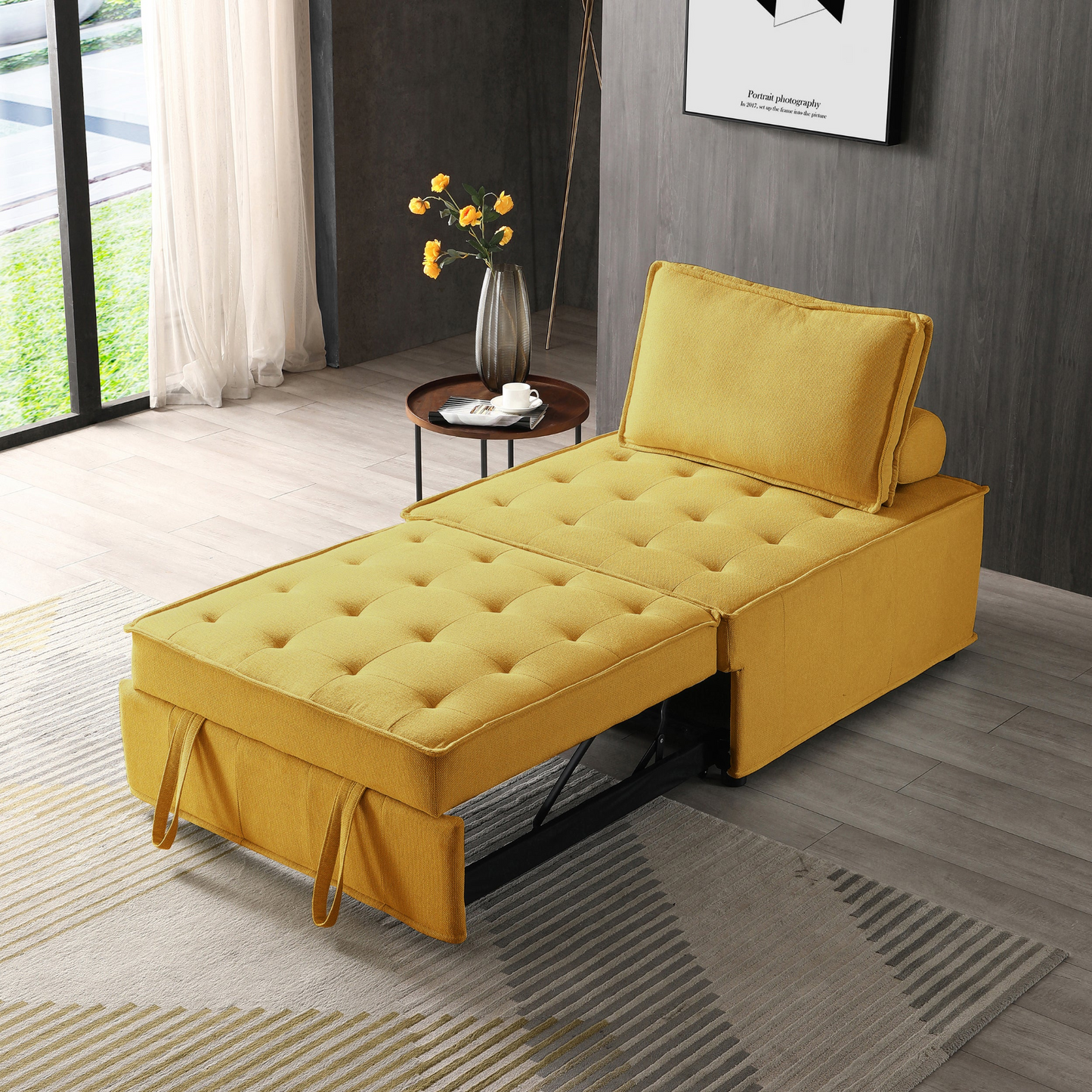 Multipurpose Linen Fabric Ottoman Lazy Sofa Pulling Out Sofa Bed (Yellow) - Transformable & Versatile | Easy Assembly | Comfortable Support | Spacious Dimensions