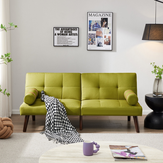 Convertible Sofa Bed Futon with Solid Wood Legs | Linen Fabric | Mustard Green - Versatile Design for Small Spaces