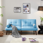 Convertible Sofa Bed Futon with Solid Wood Legs | Blue Linen Fabric