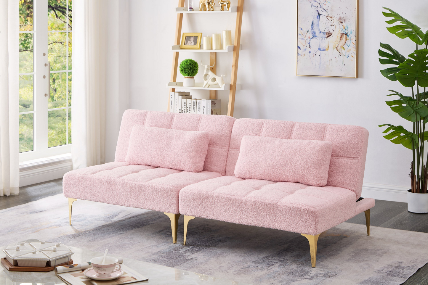 71" Convertible Sofa Bed Futon with Gold Metal Legs Teddy Fabric (Pink) - Stylish and Versatile