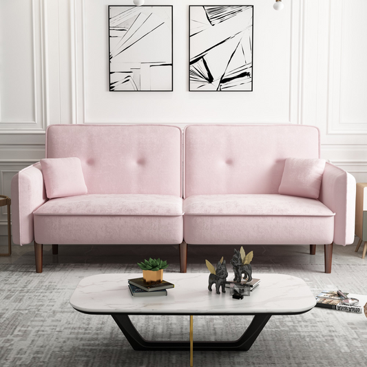 Stylish and Functional Velvet Convertible Sofa Bed with Wood Legs in Pink