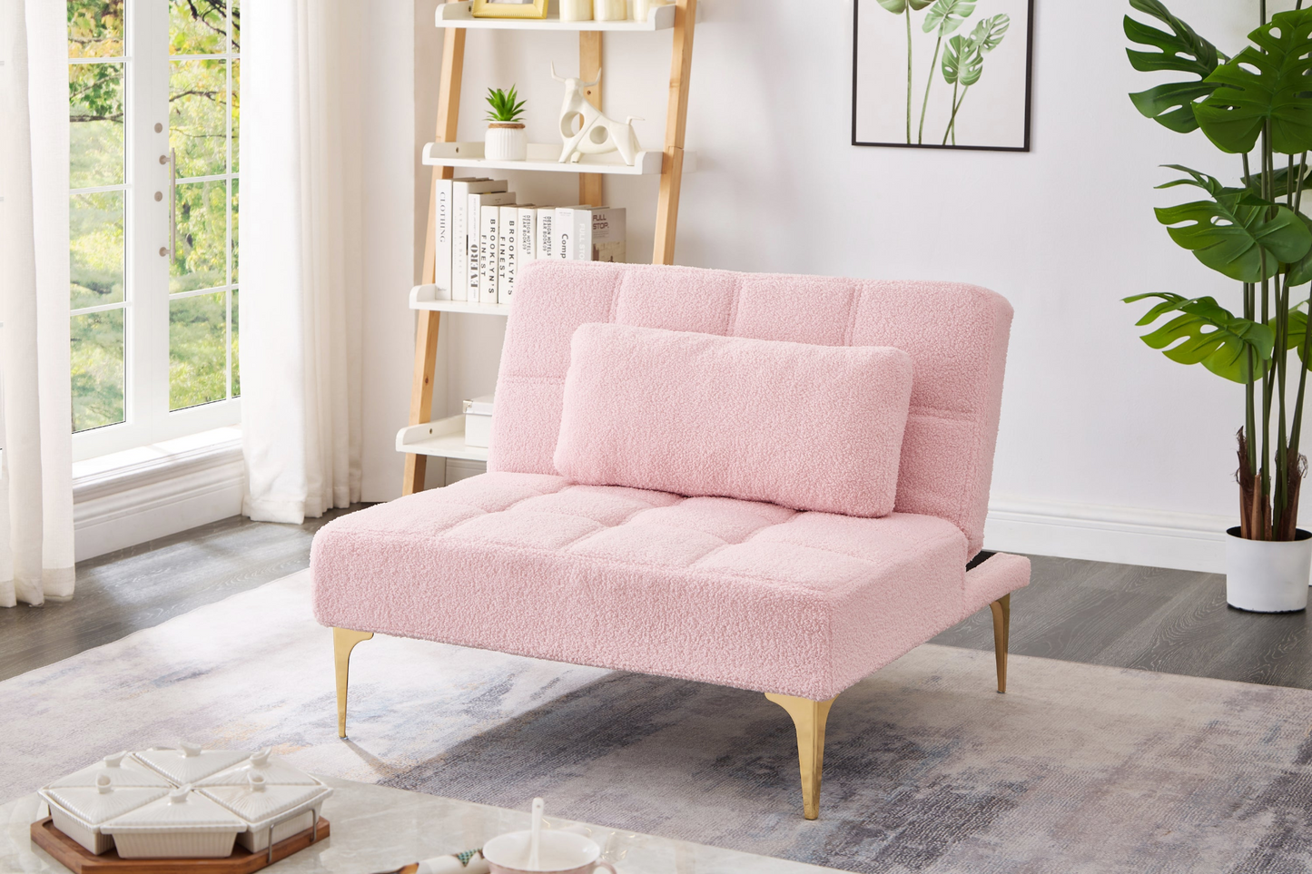 Convertible Single Sofa Bed Futon with Gold Metal Legs Teddy Fabric - Pink | [Brand Name]