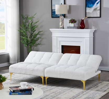 Convertible Sofa Bed Futon with Gold Metal Legs Teddy Fabric (White) - Comfort and Style in One