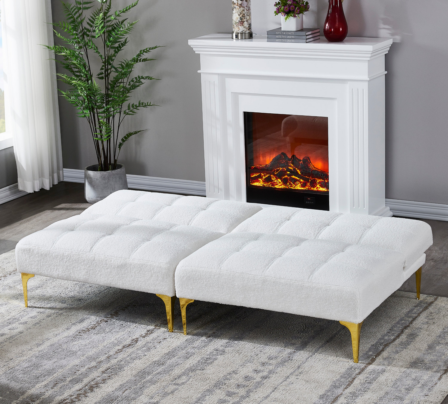 Convertible Sofa Bed Futon with Gold Metal Legs Teddy Fabric (White) - Comfort and Style in One