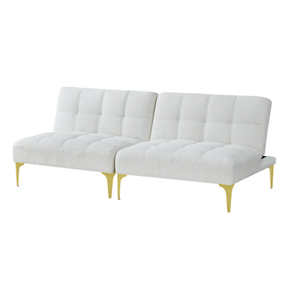 Convertible Sofa Bed Futon with Gold Metal Legs Teddy Fabric (White) - Comfort and Style in One