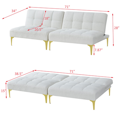 Convertible Sofa Bed Futon with Gold Metal Legs Teddy Fabric (White) - Comfort and Style in One