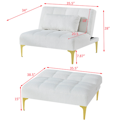 Stylish Convertible Sofa Bed Futon with Gold Metal Legs - Teddy Fabric (White) | Perfect Addition to Your Living Space