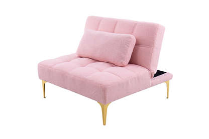 Convertible Single Sofa Bed Futon with Gold Metal Legs Teddy Fabric - Pink | [Brand Name]