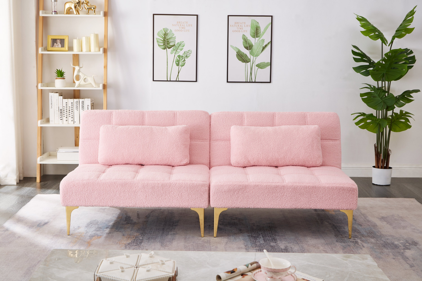 71" Convertible Sofa Bed Futon with Gold Metal Legs Teddy Fabric (Pink) - Stylish and Versatile