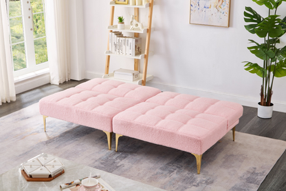 71" Convertible Sofa Bed Futon with Gold Metal Legs Teddy Fabric (Pink) - Stylish and Versatile