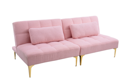 71" Convertible Sofa Bed Futon with Gold Metal Legs Teddy Fabric (Pink) - Stylish and Versatile