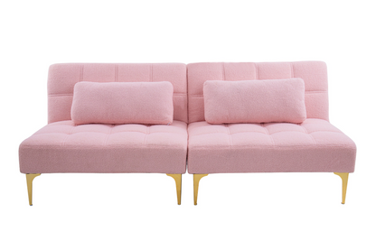 71" Convertible Sofa Bed Futon with Gold Metal Legs Teddy Fabric (Pink) - Stylish and Versatile