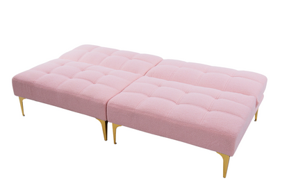 71" Convertible Sofa Bed Futon with Gold Metal Legs Teddy Fabric (Pink) - Stylish and Versatile