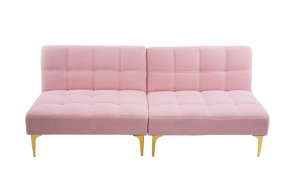 71" Convertible Sofa Bed Futon with Gold Metal Legs Teddy Fabric (Pink) - Stylish and Versatile