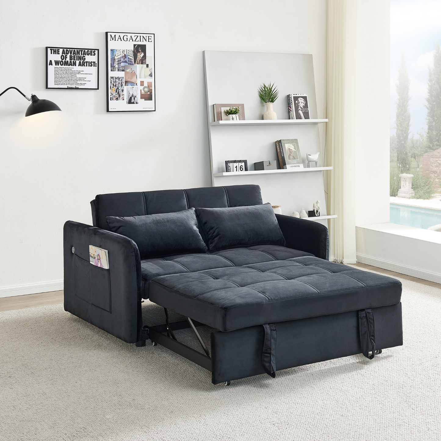 55.5" Twins Pull Out Sofa Bed - Black Velvet | Comfortable and Multifunctional