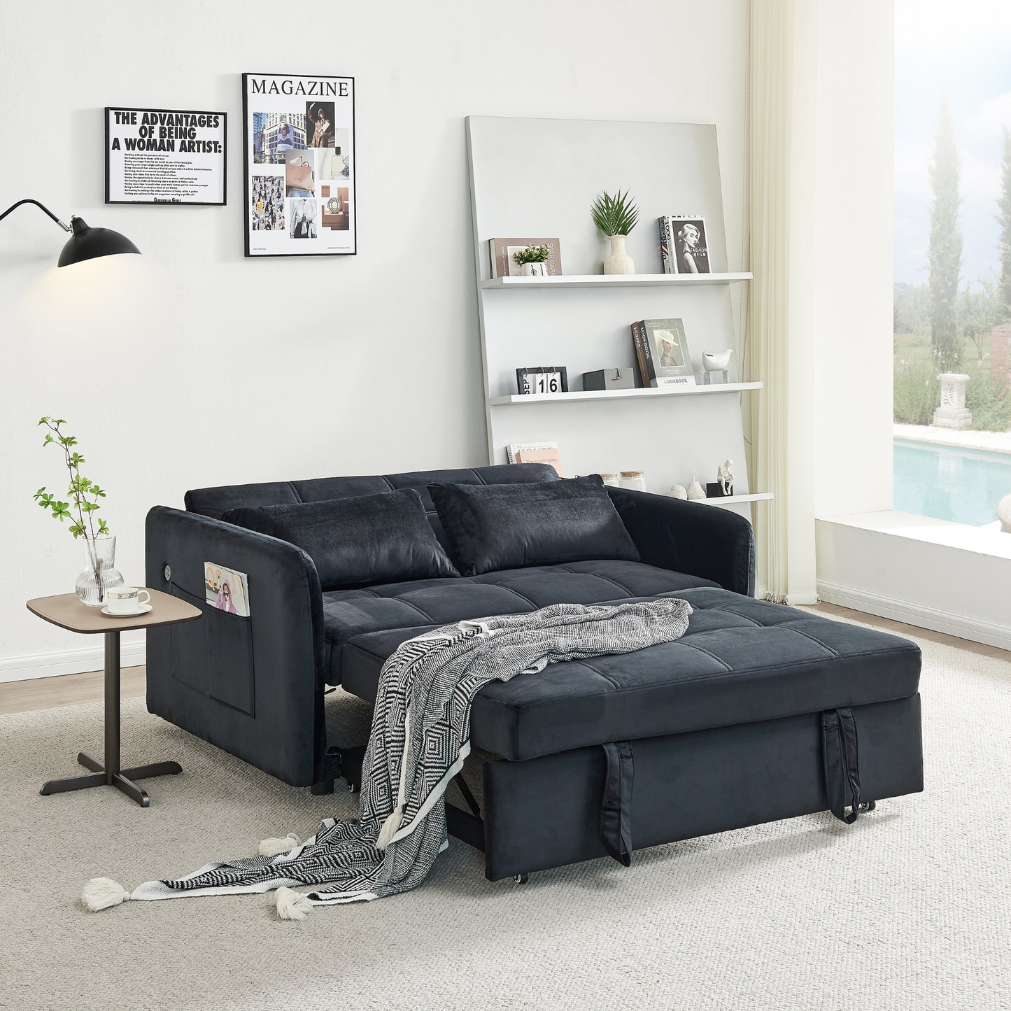 55.5" Twins Pull Out Sofa Bed - Black Velvet | Comfortable and Multifunctional