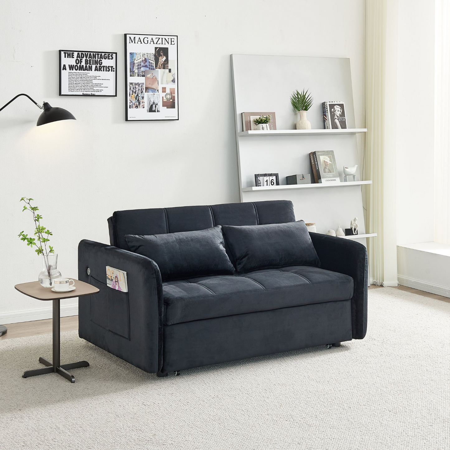 55.5" Twins Pull Out Sofa Bed - Black Velvet | Comfortable and Multifunctional