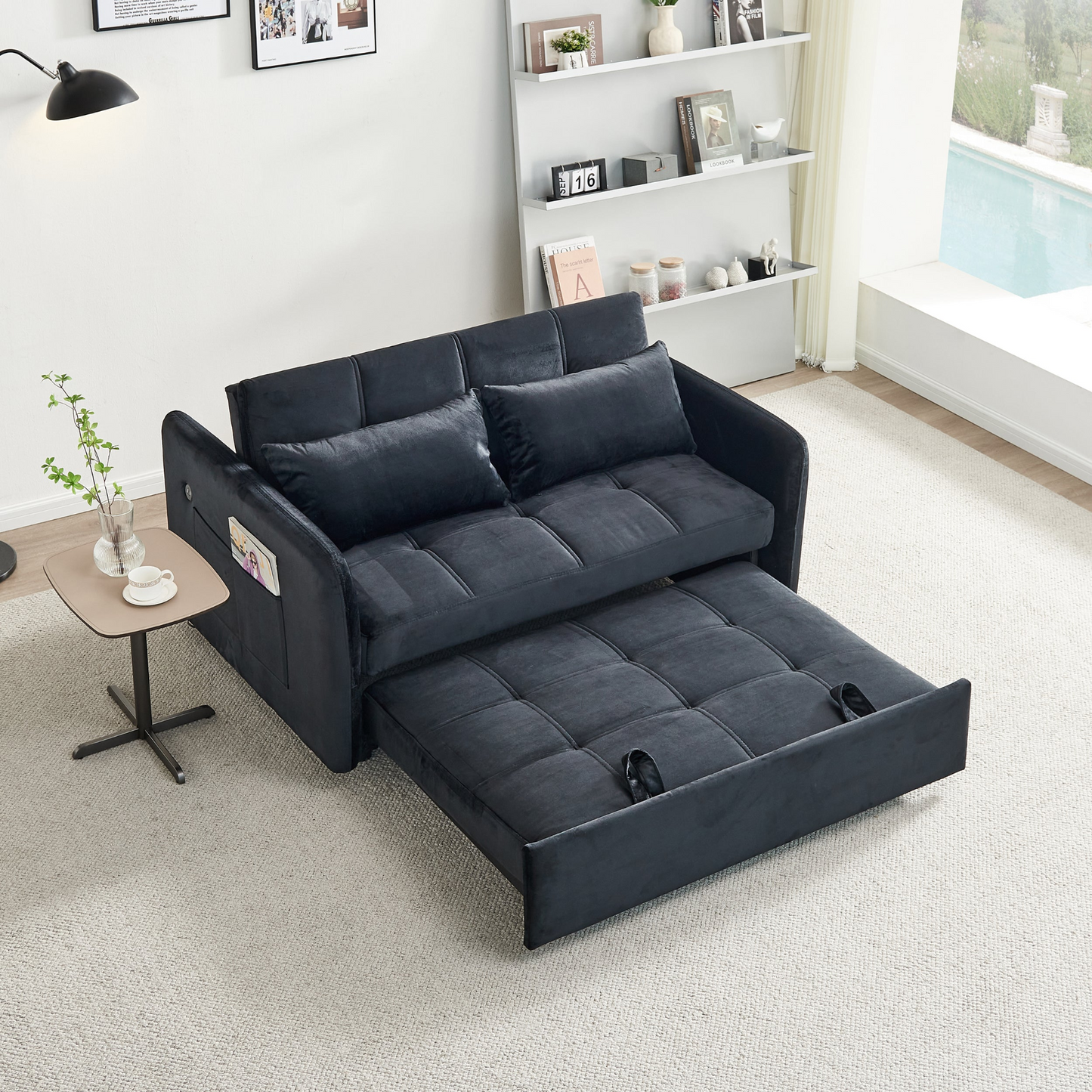 55.5" Twins Pull Out Sofa Bed - Black Velvet | Comfortable and Multifunctional