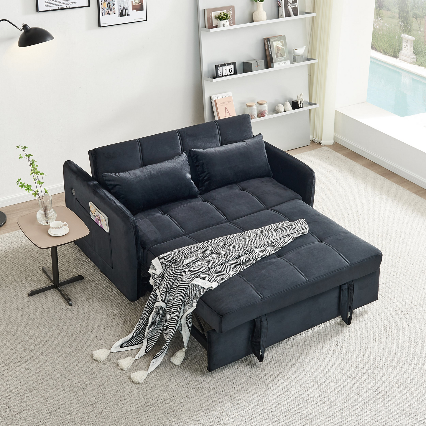 55.5" Twins Pull Out Sofa Bed - Black Velvet | Comfortable and Multifunctional