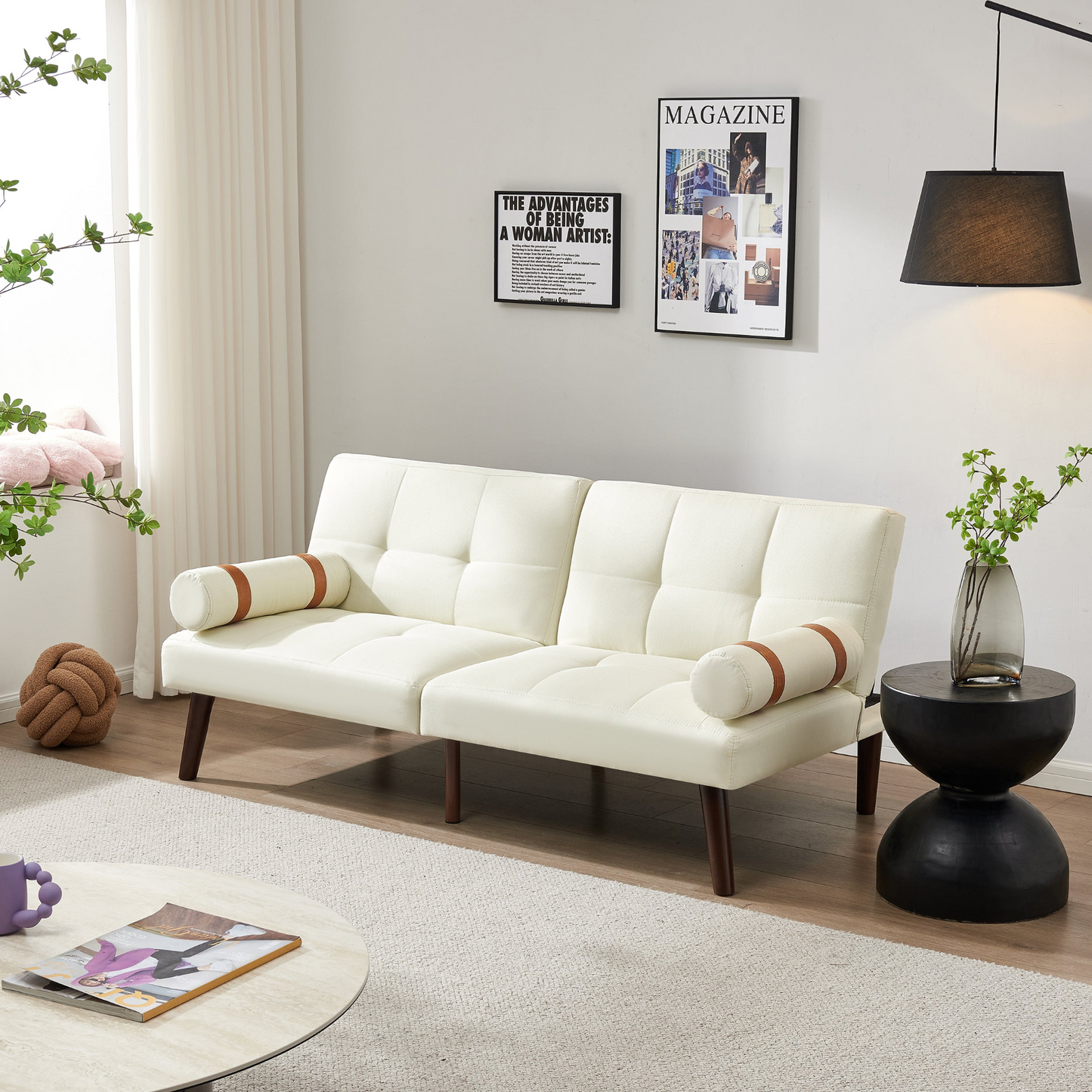 Convertible Sofa Bed Futon with Solid Wood Legs - Linen Fabric Ivory